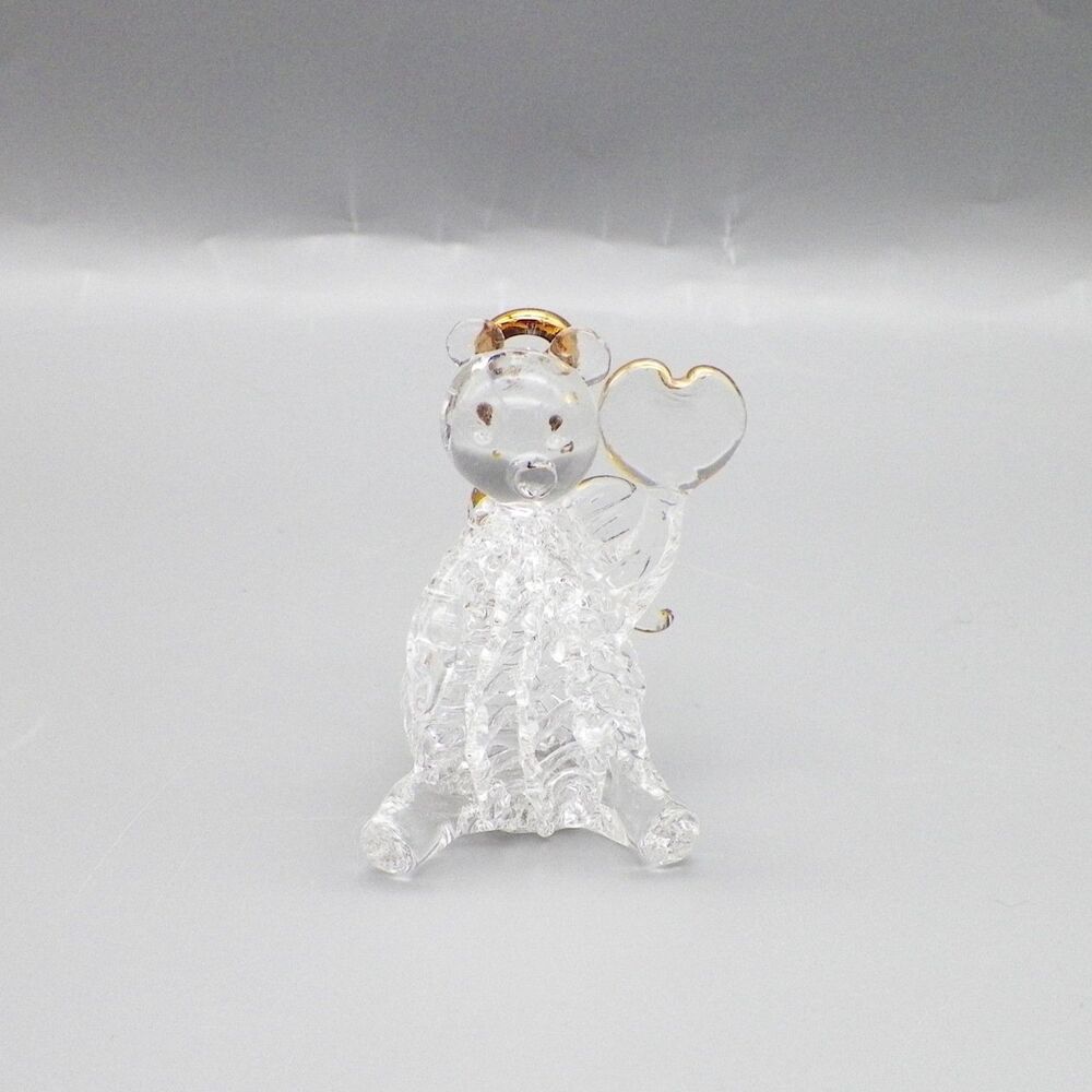 Vintage Spun Glass Angel Teddy Bear Figurine w/ Gold Halo & Heart 2.25" tall